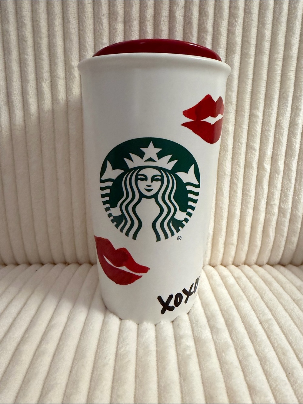 Starbucks White Ceramic Tumbler with Red Lips